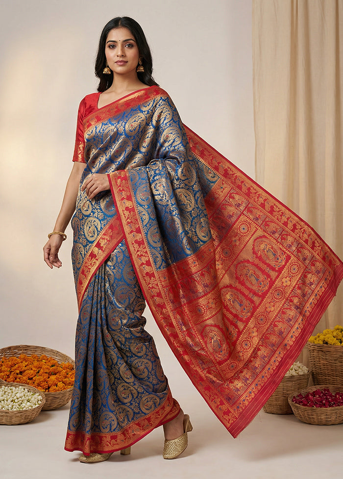 Blue Dupion Silk Saree With Blouse Piece