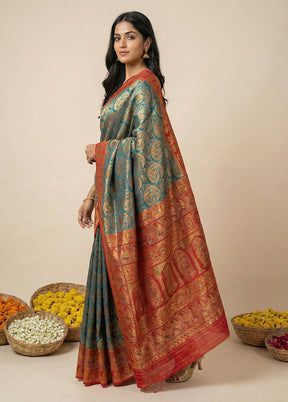 Blue Baluchari Silk Saree With Blouse Piece
