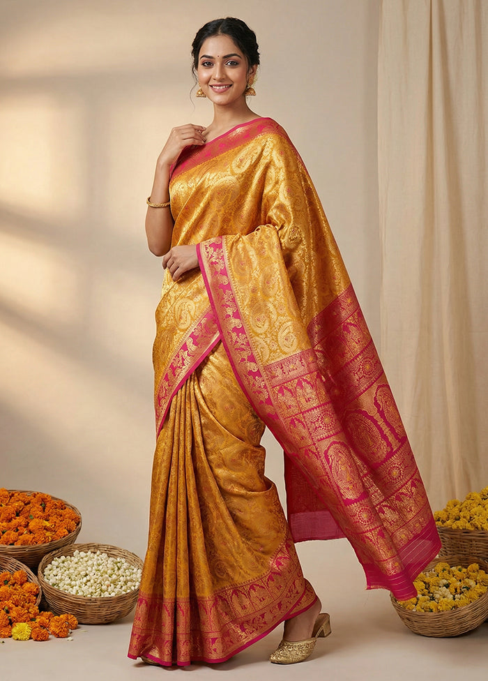 Yellow Baluchari Silk Saree With Blouse Piece