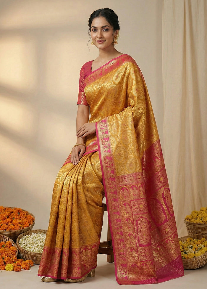 Yellow Baluchari Silk Saree With Blouse Piece