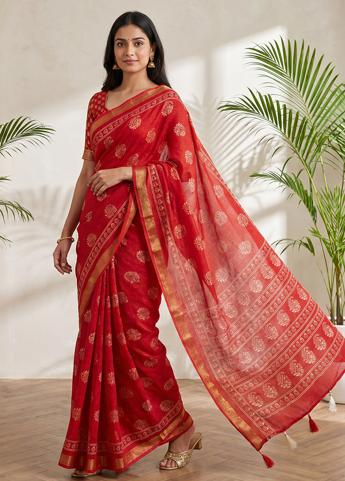 Red Chanderi Cotton Saree With Blouse Piece