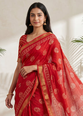 Red Chanderi Cotton Saree With Blouse Piece