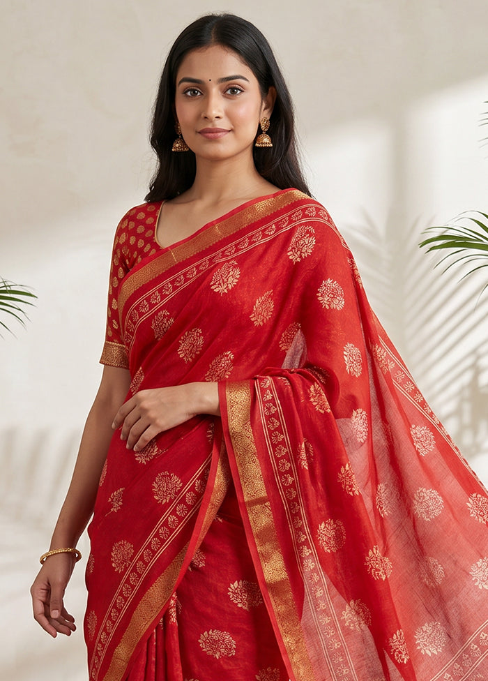 Red Chanderi Cotton Saree With Blouse Piece