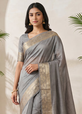 Grey Handloom Dupion Pure Silk Saree With Blouse Piece