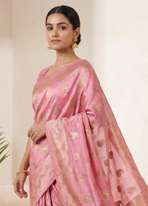Pink Handloom Dupion Pure Silk Saree With Blouse Piece