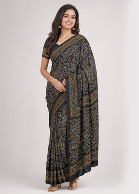 Black Printed Silk Saree Without Blouse Piece