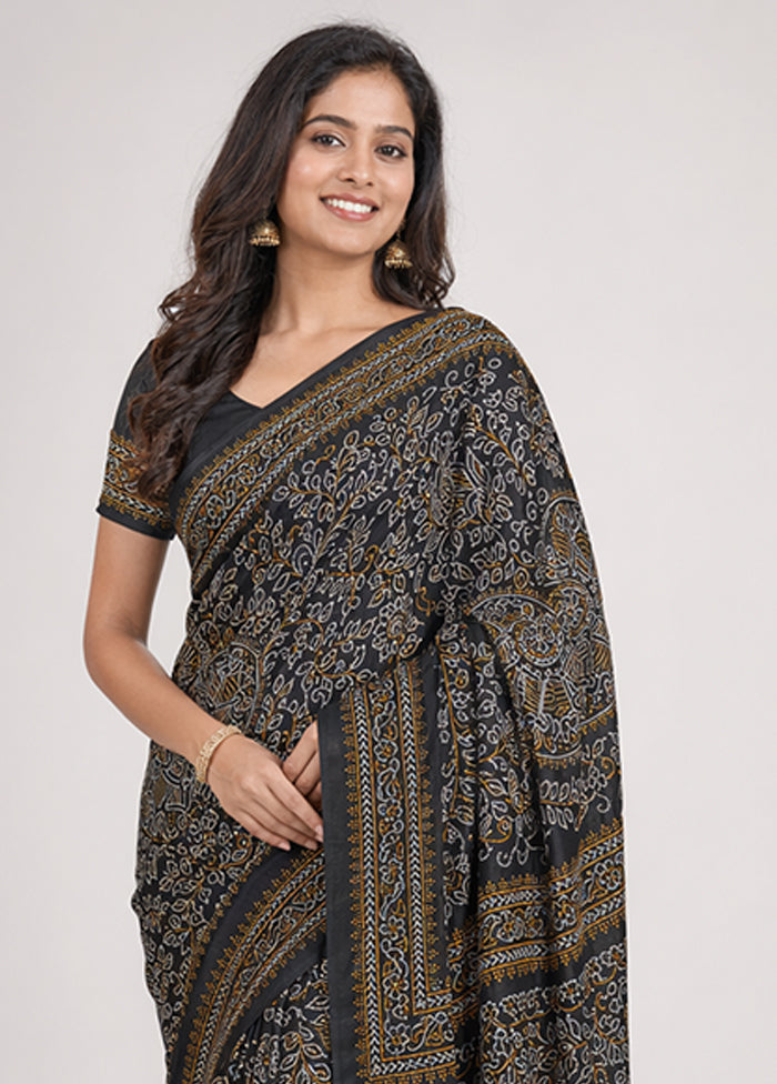 Black Printed Silk Saree Without Blouse Piece
