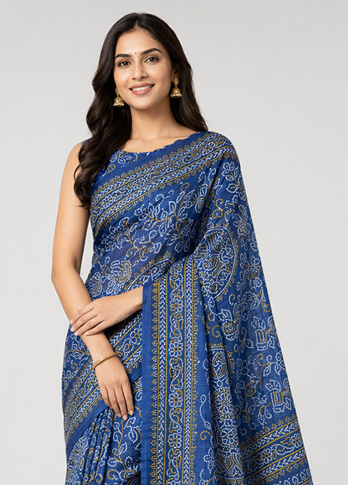 Blue Printed Silk Saree Without Blouse Piece