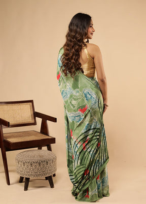 Green Printed Silk Saree Without Blouse Piece