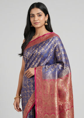 Blue Handloom Jamewar Pure Silk Saree With Blouse Piece