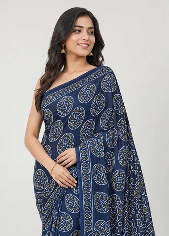 Blue Printed Silk Saree Without Blouse Piece