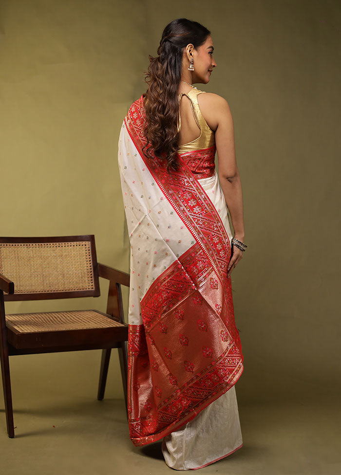 White Dupion Silk Saree With Blouse Piece