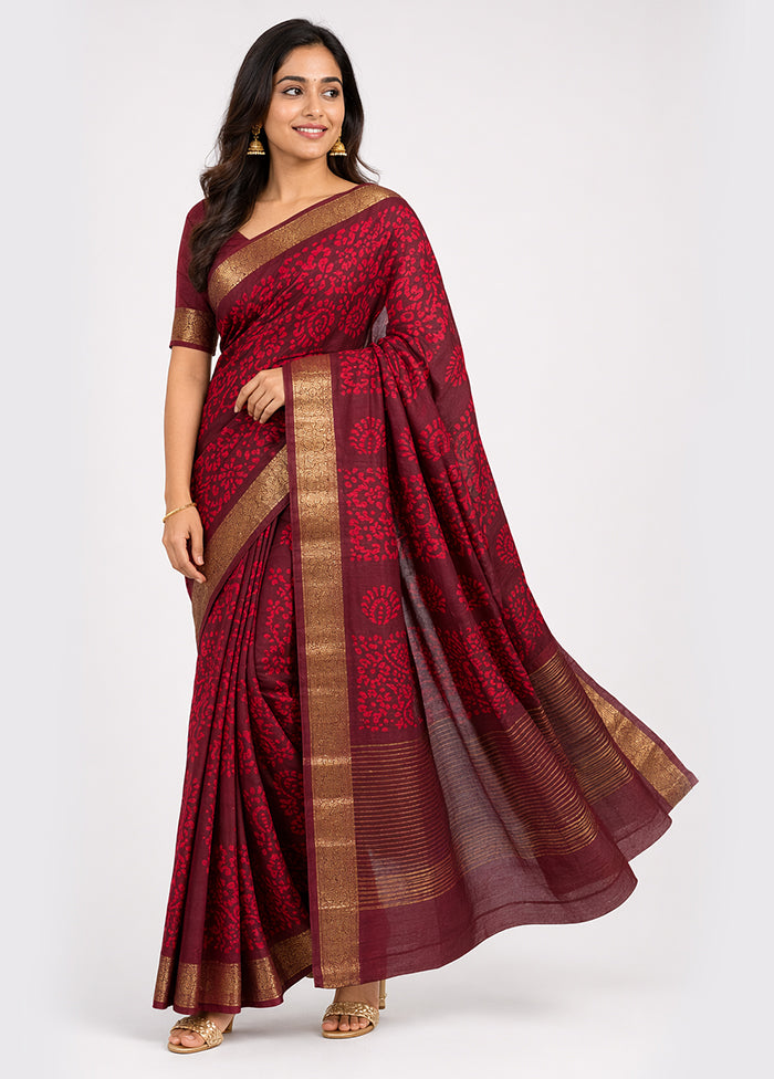 Maroon Cotton Saree With Blouse Piece