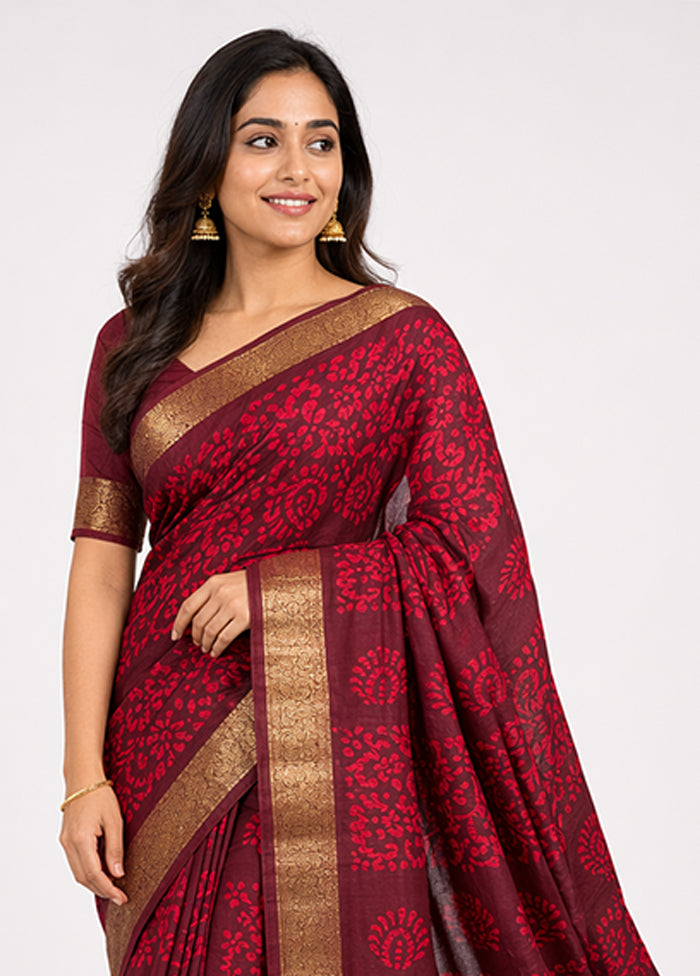 Maroon Cotton Saree With Blouse Piece