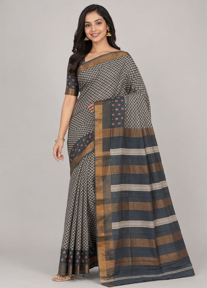 Grey Cotton Saree With Blouse Piece