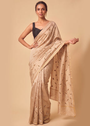 Cream Tussar Hand-Embroidered Pure Silk Saree with Blouse Piece