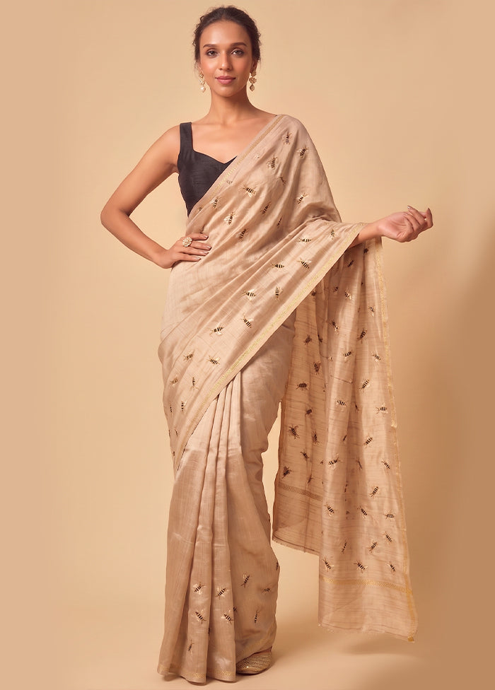 Cream Tussar Hand-Embroidered Pure Silk Saree with Blouse Piece