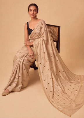 Cream Tussar Hand-Embroidered Pure Silk Saree with Blouse Piece