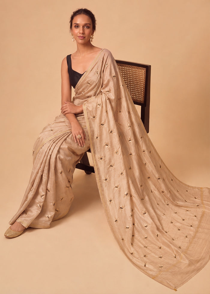 Cream Tussar Hand-Embroidered Pure Silk Saree with Blouse Piece