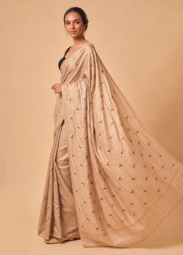 Cream Tussar Hand-Embroidered Pure Silk Saree with Blouse Piece