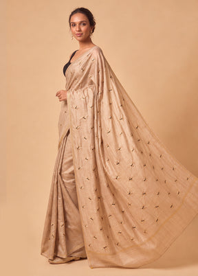 Cream Tussar Hand-Embroidered Pure Silk Saree with Blouse Piece
