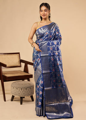 Blue Dupion Silk Saree With Blouse Piece