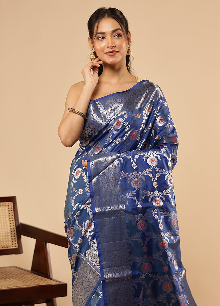 Blue Dupion Silk Saree With Blouse Piece