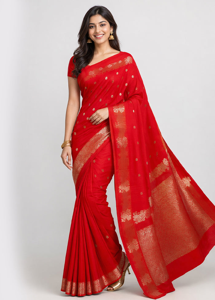 Red Dupion Silk Saree With Blouse Piece