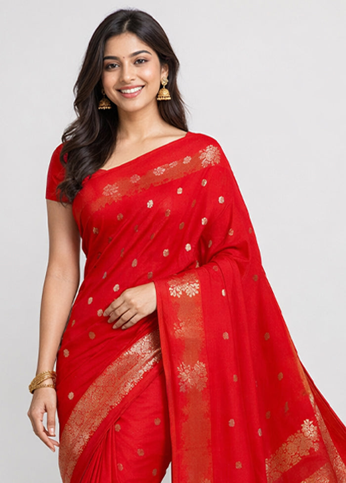 Red Dupion Silk Saree With Blouse Piece