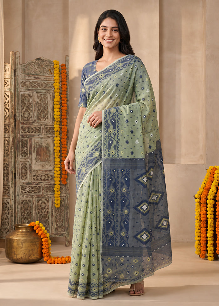 Blue Jamdani Cotton Saree Without Blouse Piece