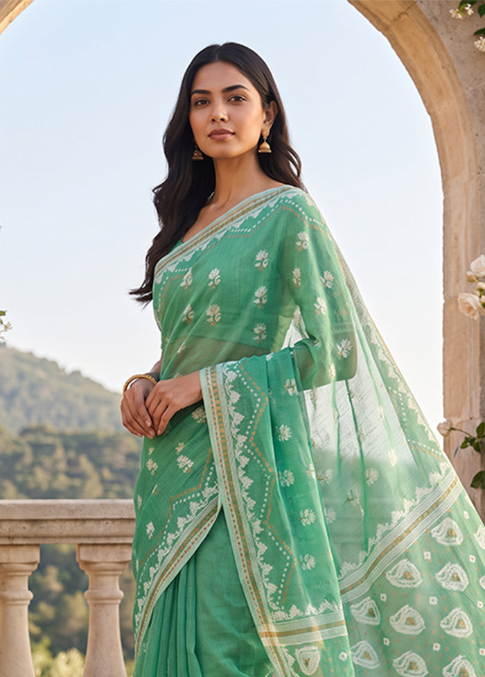 Green Jamdani Cotton Saree Without Blouse Piece