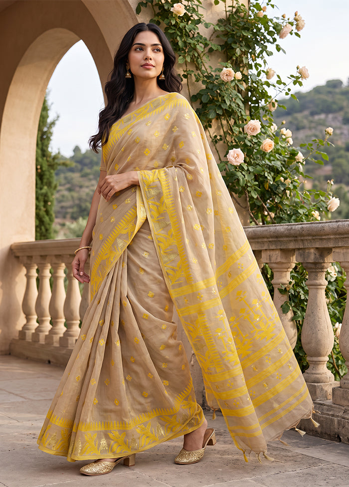 Cream Jamdani Cotton Saree Without Blouse Piece
