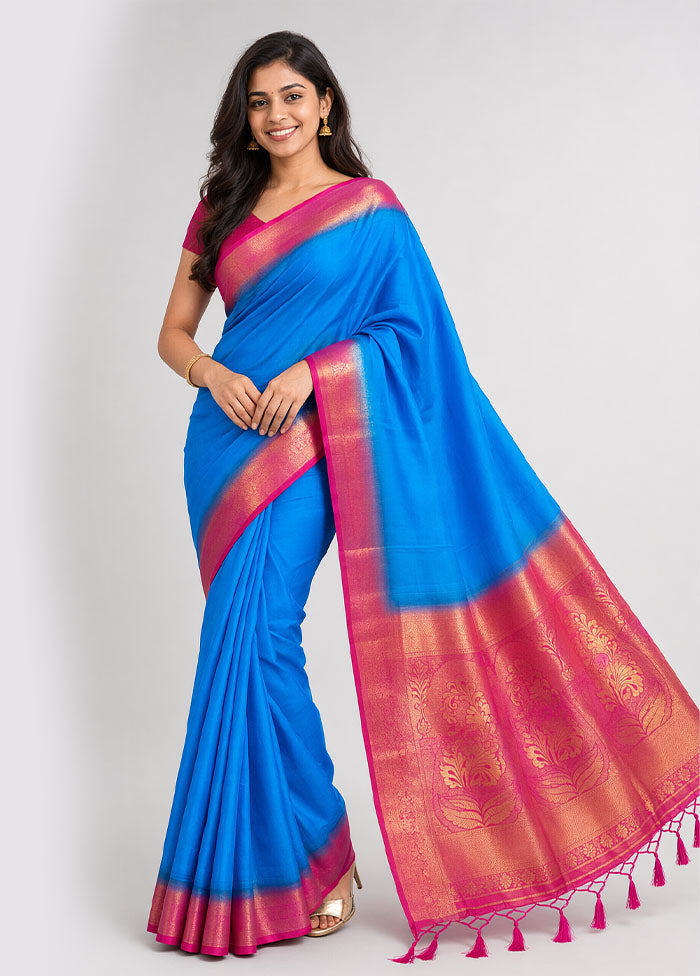 Blue Dupion Silk Saree With Blouse Piece