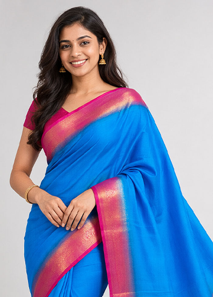 Blue Dupion Silk Saree With Blouse Piece