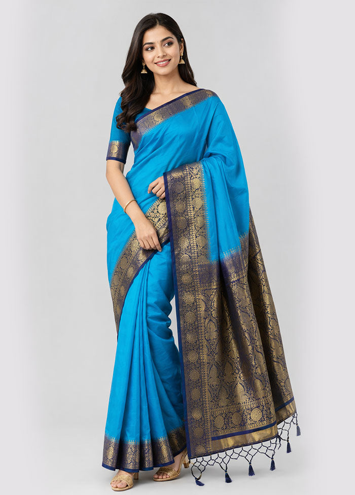 Blue Dupion Silk Saree With Blouse Piece