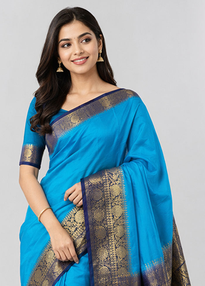 Blue Dupion Silk Saree With Blouse Piece