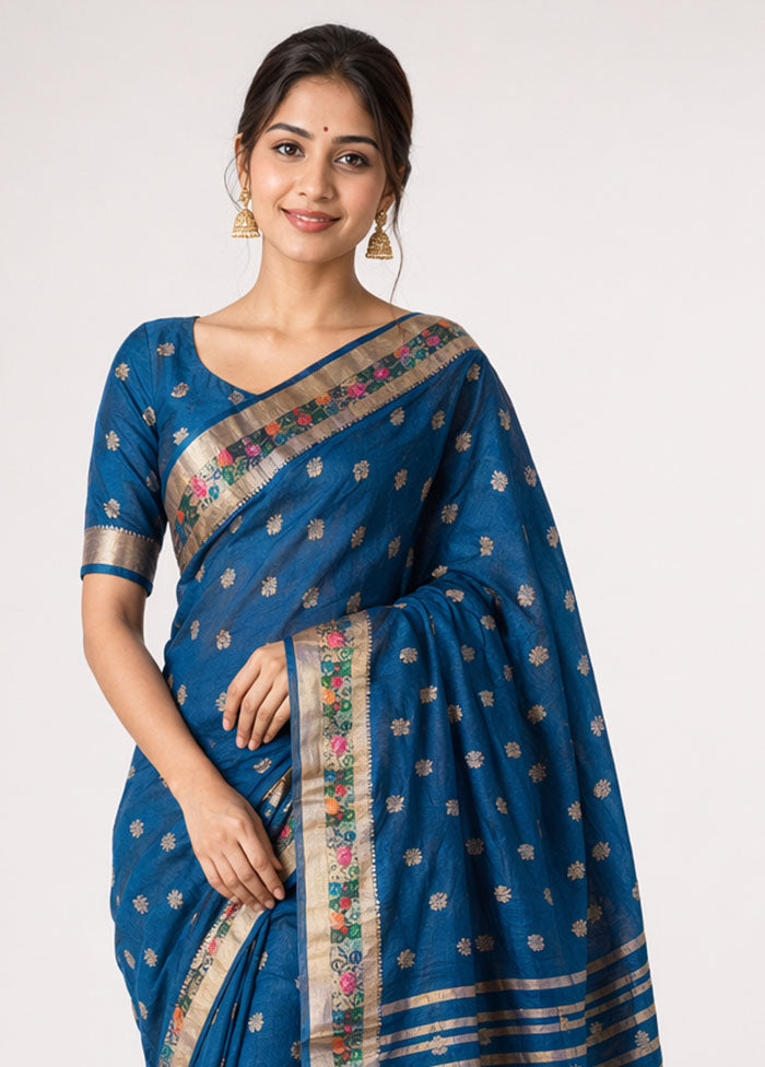 Blue Dupion Silk Saree With Blouse Piece