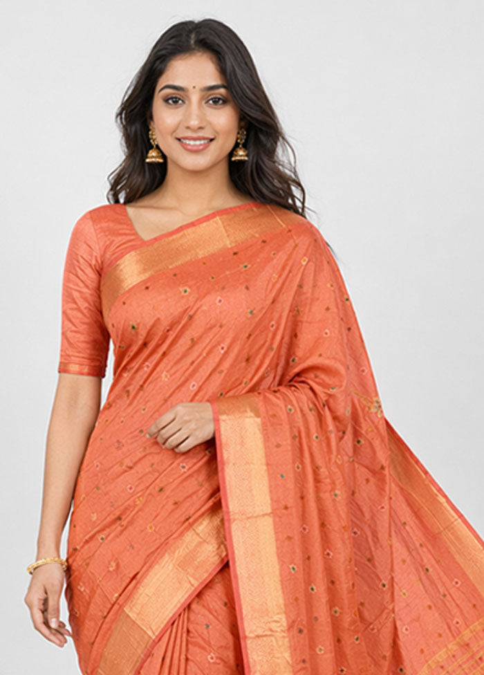 Peach Dupion Silk Saree With Blouse Piece