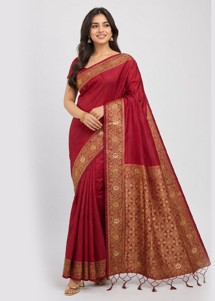 Maroon Dupion Silk Saree With Blouse Piece