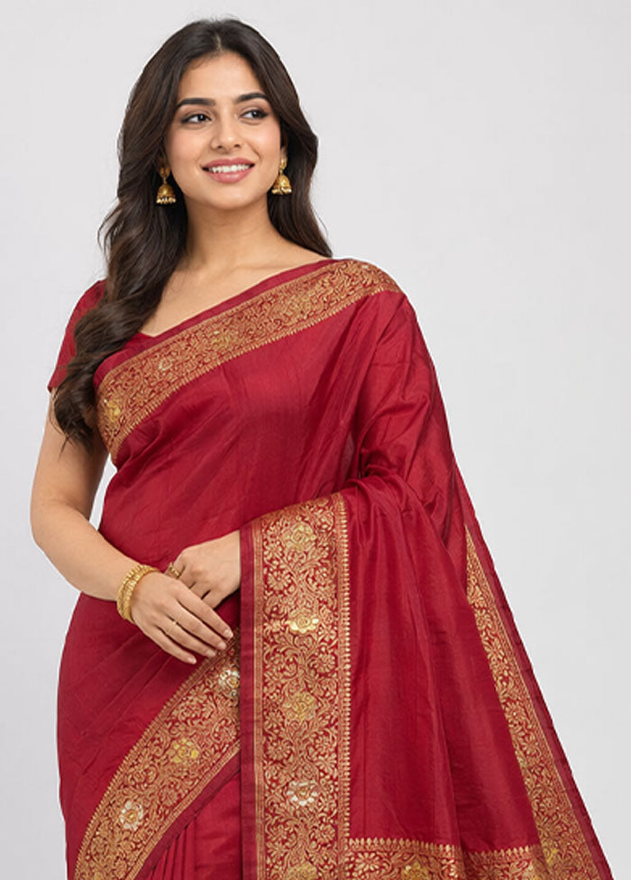 Maroon Dupion Silk Saree With Blouse Piece