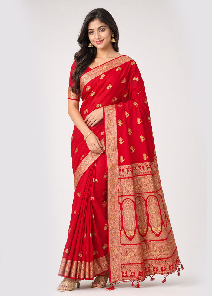 Red Dupion Silk Saree With Blouse Piece