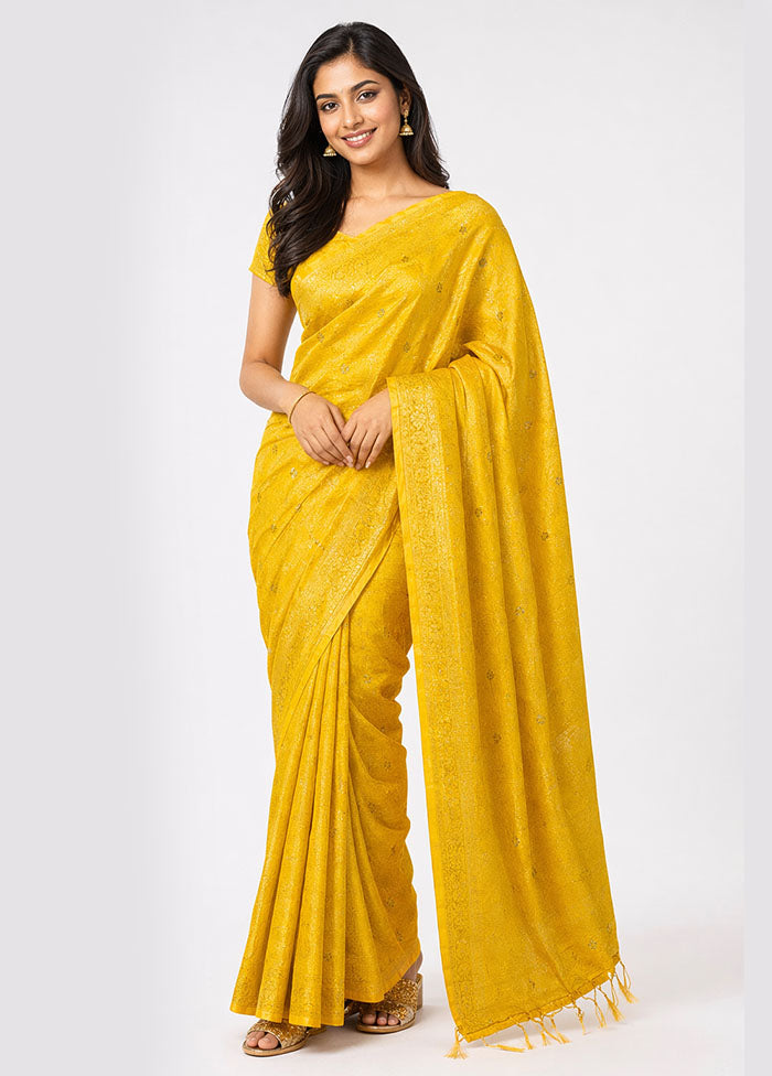 Yellow Dupion Silk Saree With Blouse Piece