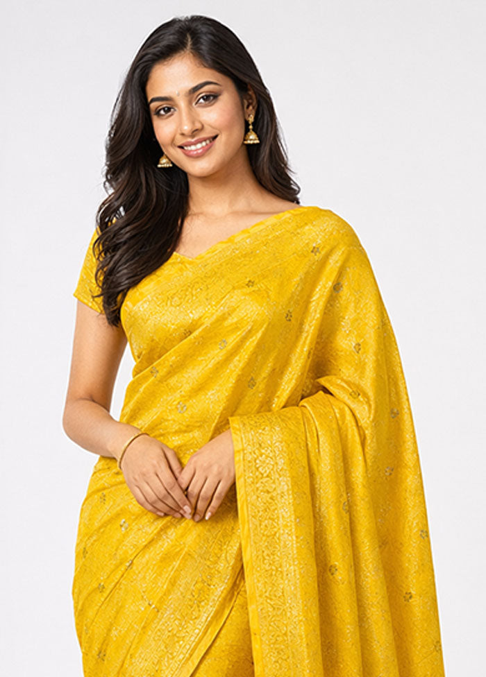 Yellow Dupion Silk Saree With Blouse Piece