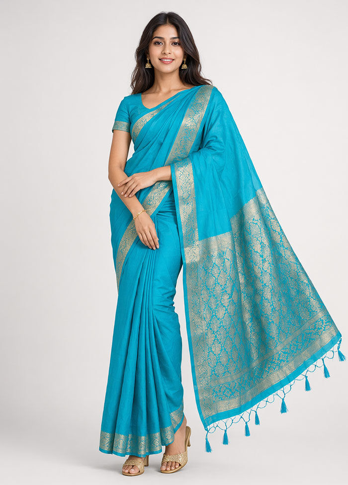 Blue Dupion Silk Saree With Blouse Piece