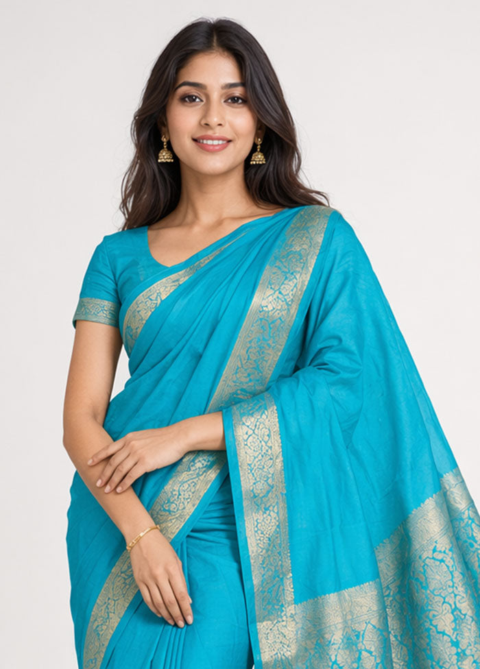 Blue Dupion Silk Saree With Blouse Piece