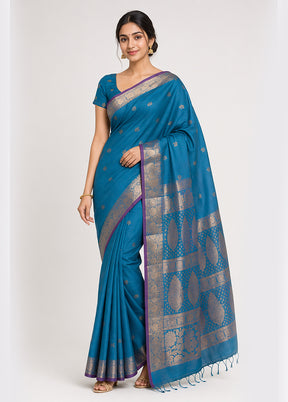 Blue Dupion Silk Saree With Blouse Piece