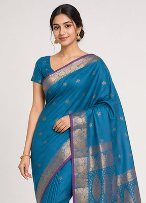 Blue Dupion Silk Saree With Blouse Piece