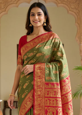 Green Baluchari Silk Saree With Blouse Piece