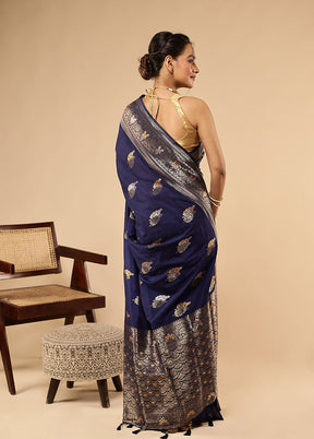 Blue Dupion Silk Saree With Blouse Piece