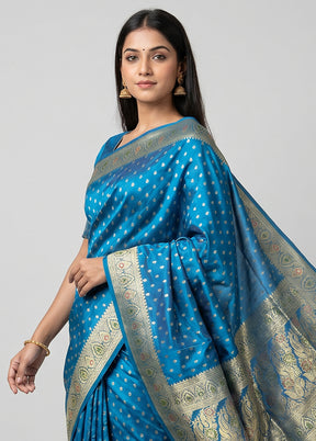 Blue Handloom Banarasi Pure Silk Saree With Blouse Piece